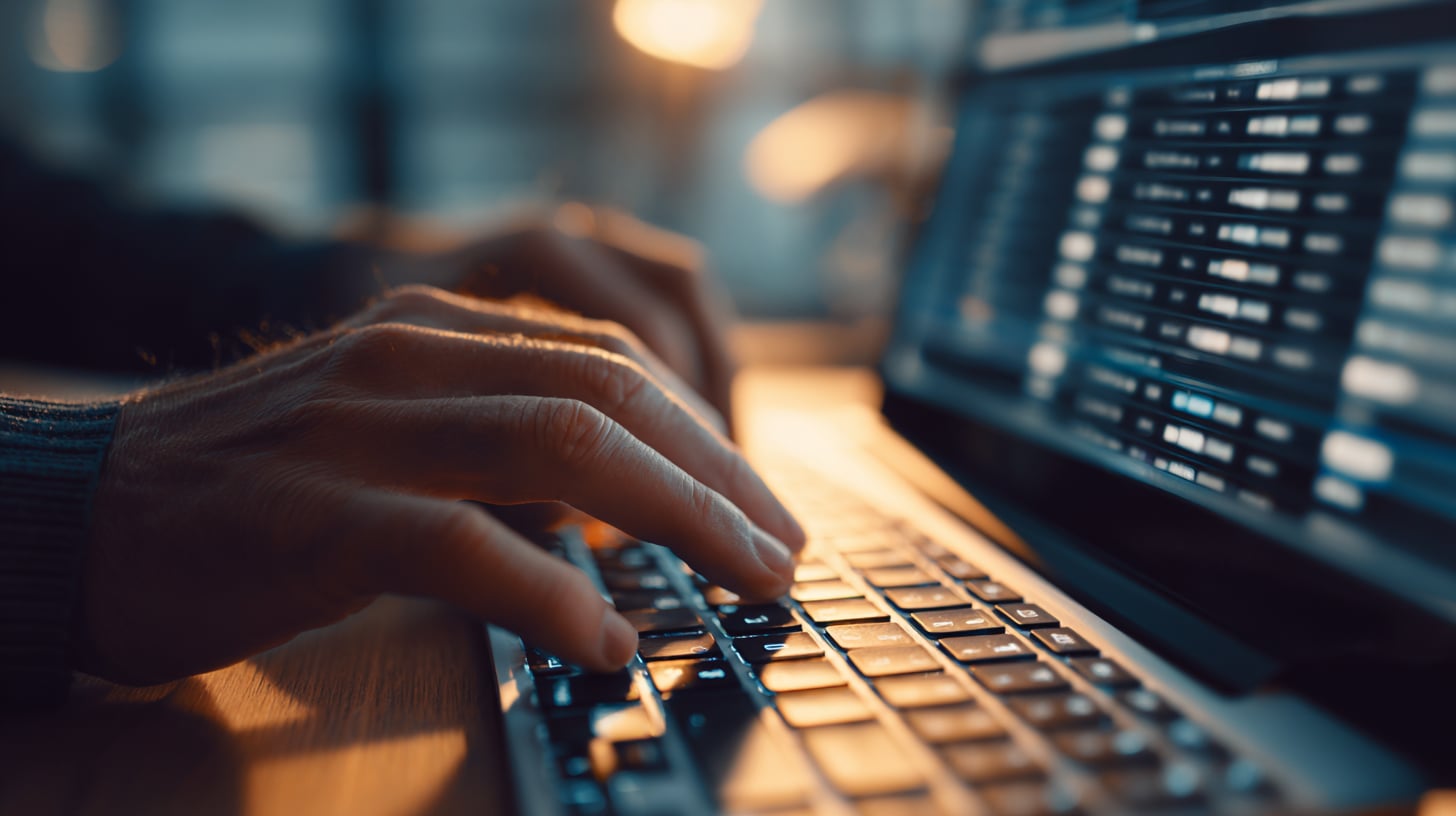 Mano tecleando en un teclado con pantalla de formulario digital en segundo plano, luz cálida de oficina