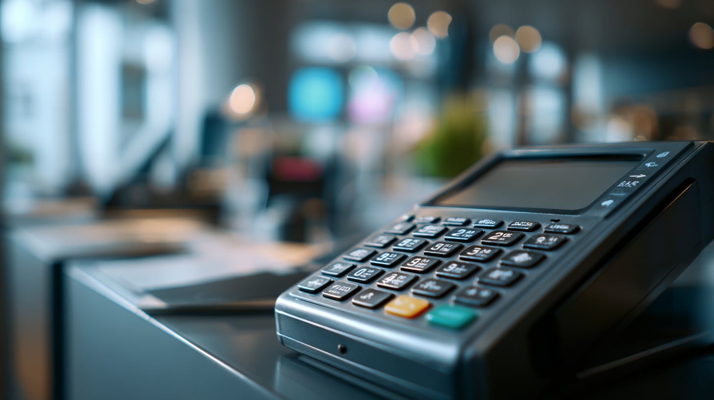 Teclado numérico bancario en primer plano con pantalla de formulario digital desenfocada al fondo, iluminación de oficina neutral