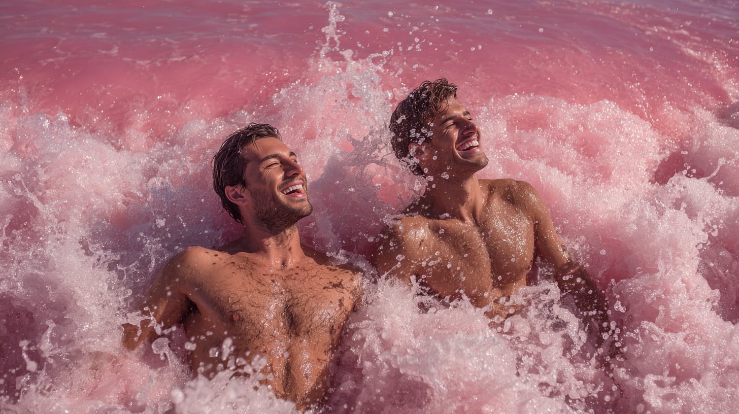 Bahía atlántica al atardecer con aguas teñidas de un rosa pálido inquietante, hombres disfrutando el baño