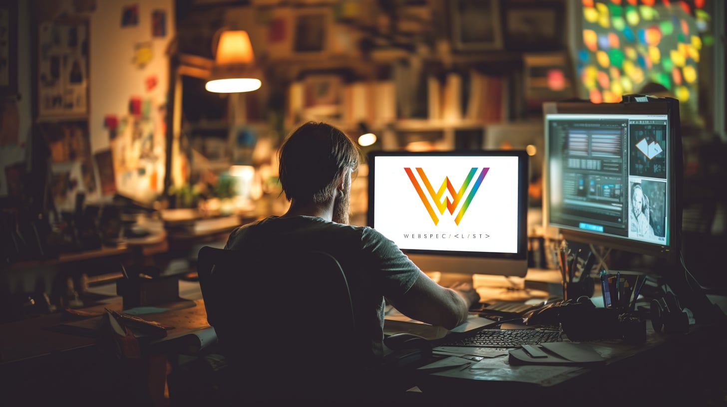 Imagotipo de Webspecialista: una W estilizada compuesta por una W grande exterior y una W pequeña interior, formada por trazos rectos en gradient de espectro arcoíris.