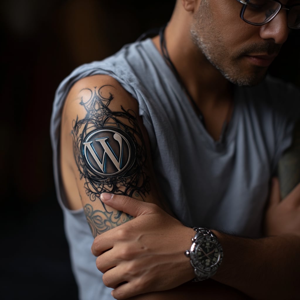 Logo de wordpress tatuado a fuego en el brazo de un diseñador